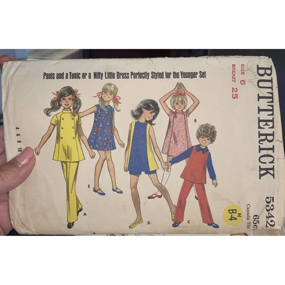 Vintage Butterick 5342 Sewing Pattern 70s Girls Dress Jumper Pants Shorts Cut 6